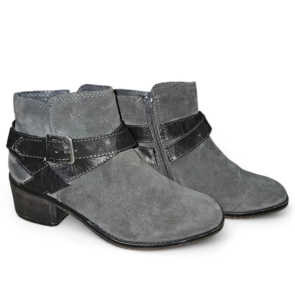 Sonoma Women's Size 6 Gray Suede Ankle Boots – Low Heel Side Zip & Buckle Straps
